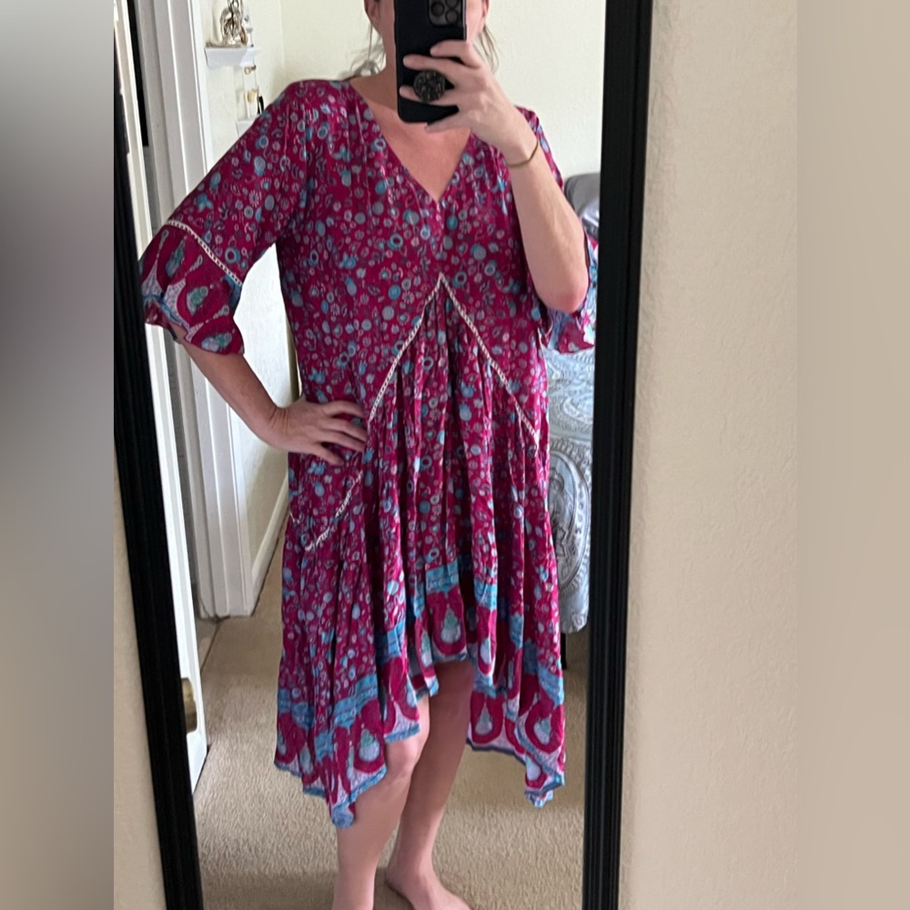 AURA Boho Gypsy Peasant Flowy High Low Maxi Dress Multicolor Size Large